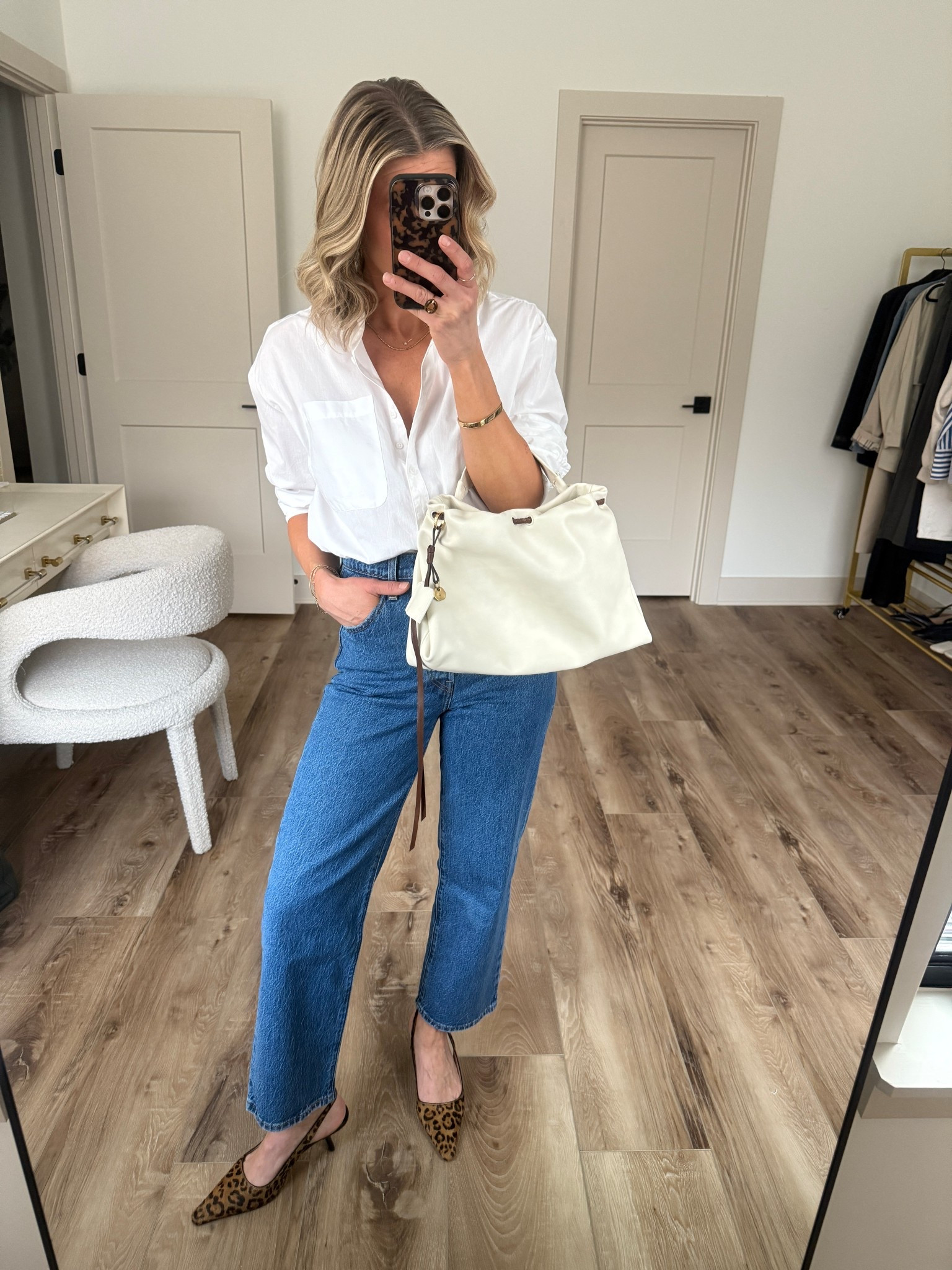 Wearing medium button-up shirt, 26/27 inseam jeans, heels tts, bag is Songmont (unable to link)

#LTKgrwm #LTKOver40 #LTKootd