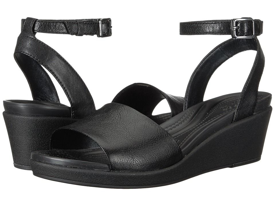 Crocs - Leigh-Ann Ankle Strap Leather (Black) Women's Wedge Shoes | Zappos