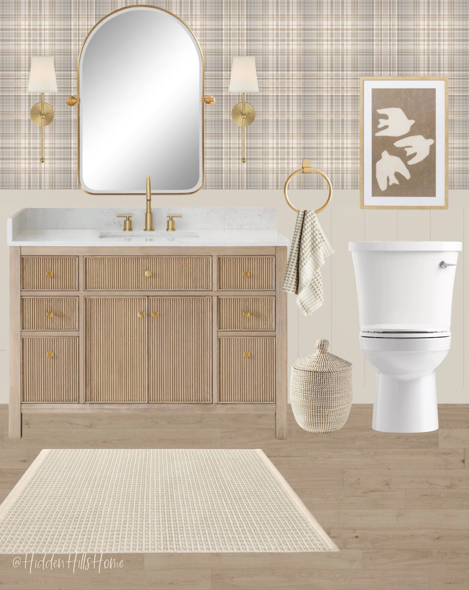 Bathroom decor mood board! Bathroom design, home decor, bathroom inspiration, powder bath, wallpaper, vanity, mirrors, bath mat #bathroom
Wall color is SW Accessible Beige 

#LTKStyleTip #LTKHome #LTKSaleAlert