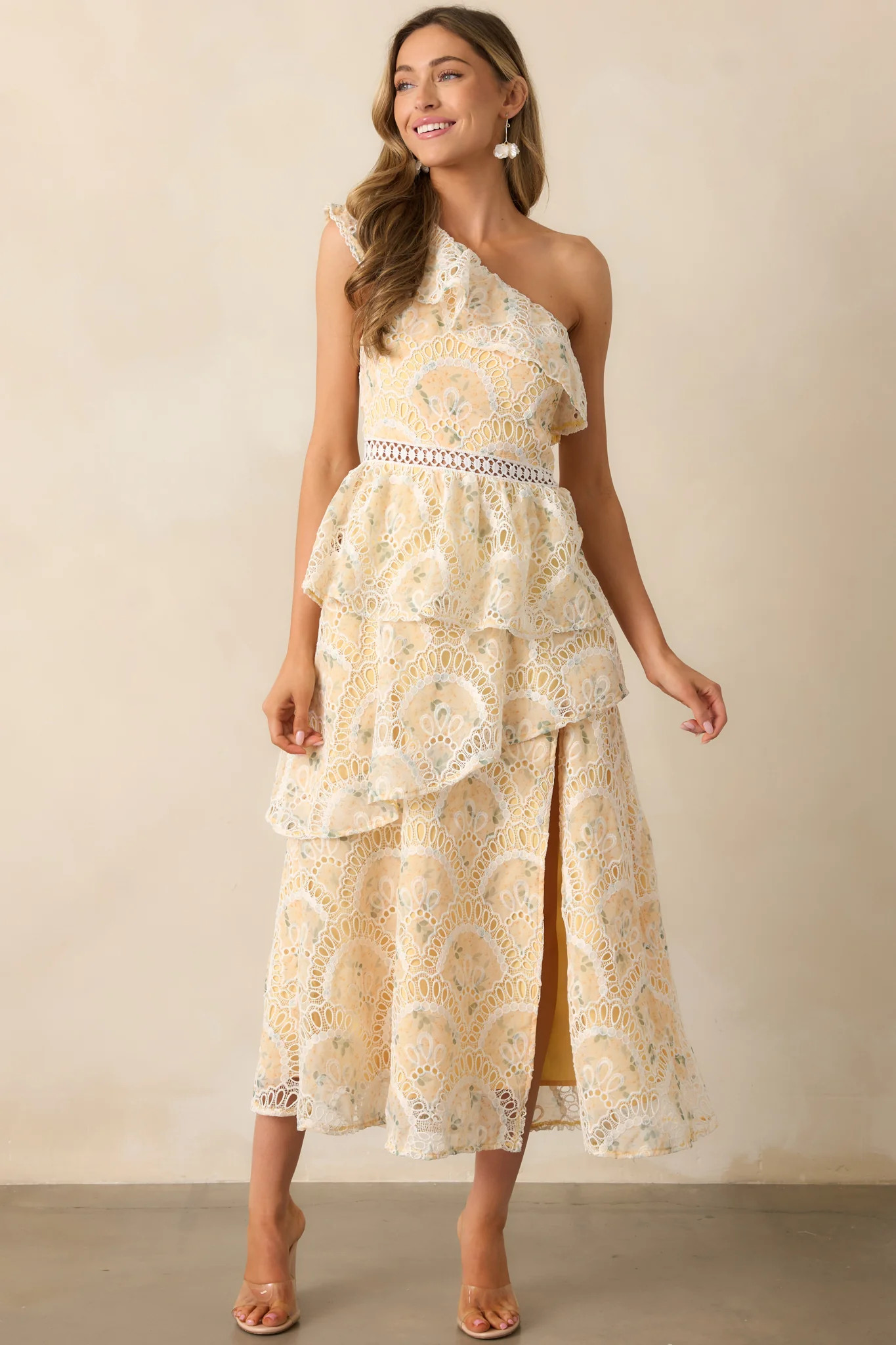 Vineyard Stroll Yellow Floral Embroidered One Shoulder Midi Dress | Red Dress