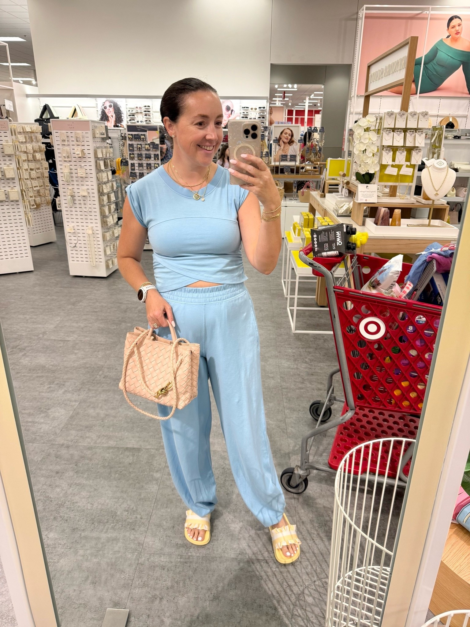 Quite in love with this matching set!! I’ve worn it 2 days in a row 😂 Also, how cute are these slide sandals!! 🩵💛 @Target

#LTKootd