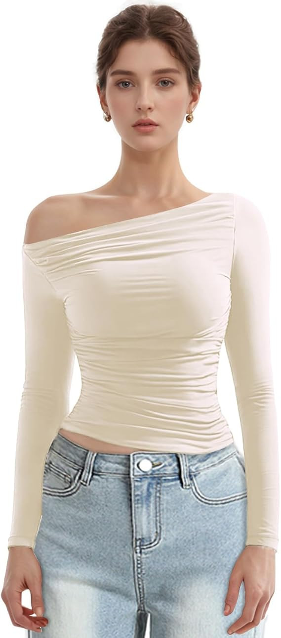MISS MOLY Women's Off Shoulder Asymmetrical Tops Y2K Ruched Slim Sexy Cropped Long Sleeve Tee Shi... | Amazon (US)
