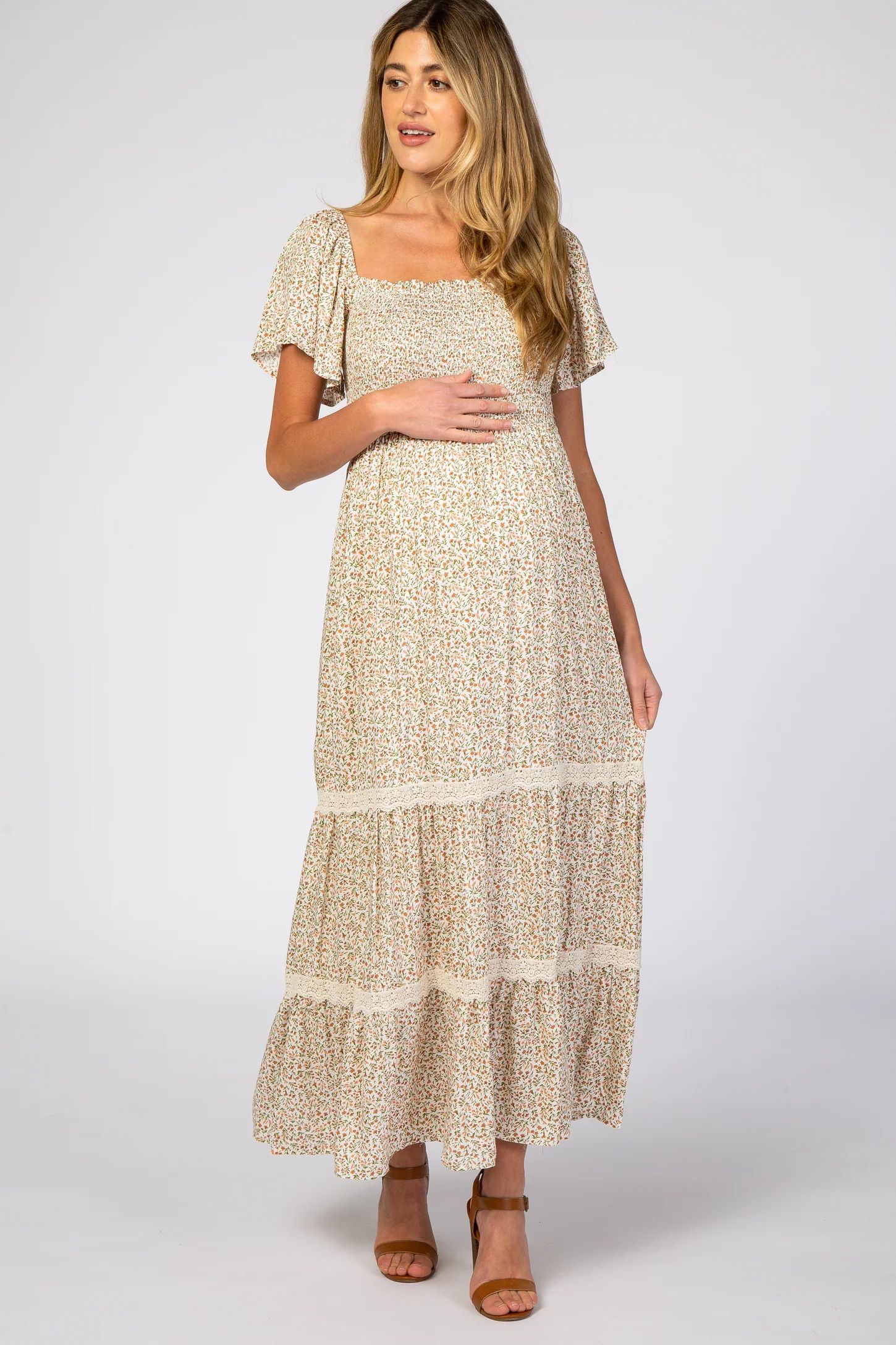 Ivory Floral Square Neck Smocked Front Lace Trim Maternity Maxi Dress | PinkBlush Maternity