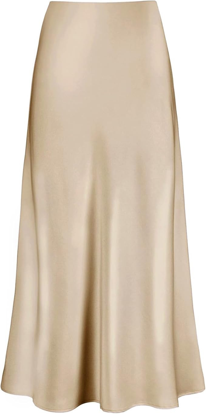Women's Satin High Waisted Maxi Skirts Hidden Elasticized Waistband A Line Long Skirt | Amazon (US)