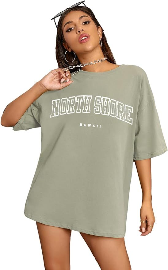 SheIn Women's Novelty Letter Graphic Oversized Drop Shoulder Longline Tee Tshirts | Amazon (US)