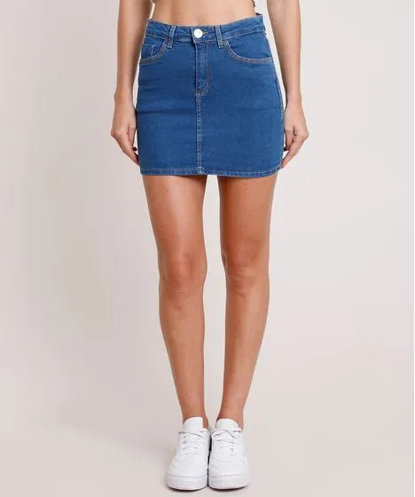 Saia Jeans Feminina Curta com Bolsos Azul Médio | C&A (BR)