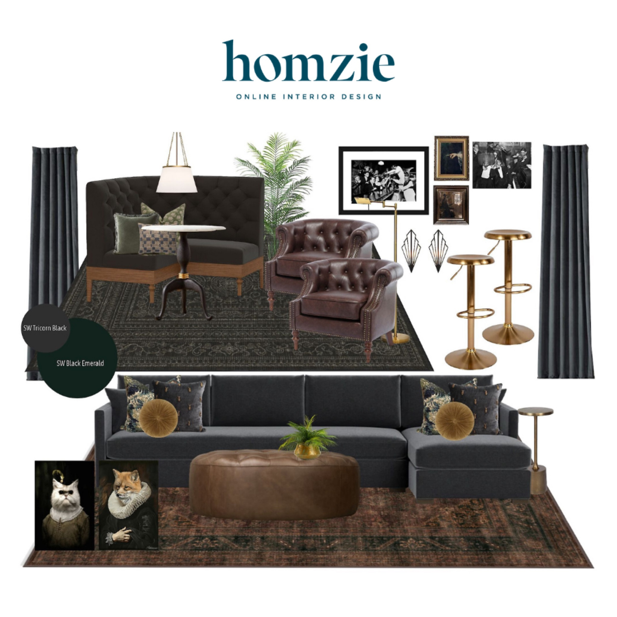 Moody living room and sitting room design. Speak Easy vibes! Moody rug, navy sofa, banquet, dining table, marble and brass decor 

#LTKFamily #LTKHome #LTKFindsUnder100