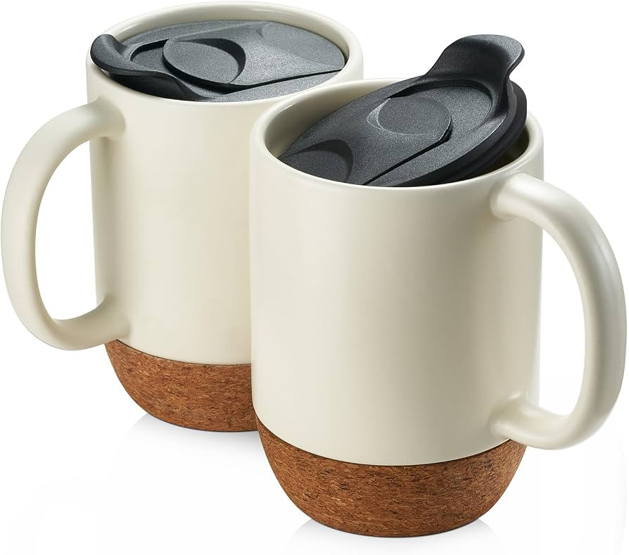 DOWAN Coffee Mugs Set of 2, 15 OZ Ceramic Mug with Cork Bottom and Splash Proof Lid, Large Coffee... | Amazon (US)