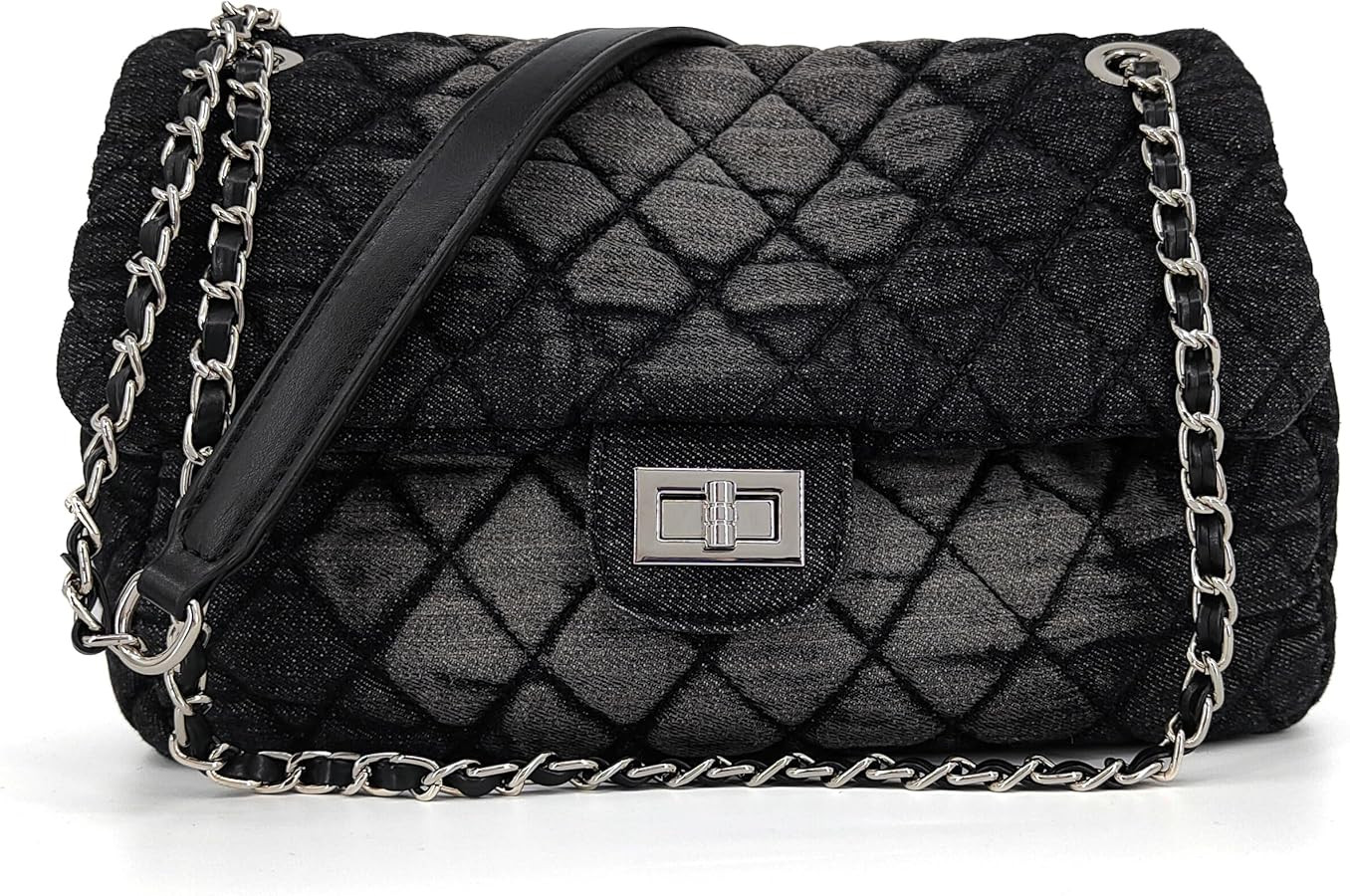 Quilted Denim Purse, Shoulder Bag for Women, Crossbody Flap Tote Bag,Silver Chain Hobo Bag, Vinta... | Amazon (US)