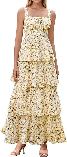 KUTUMAI Floral Maxi Dress Ruffle Tiered Flowy Tea Party Wedding Guest Dresses for Women Summer 20... | Amazon (US)