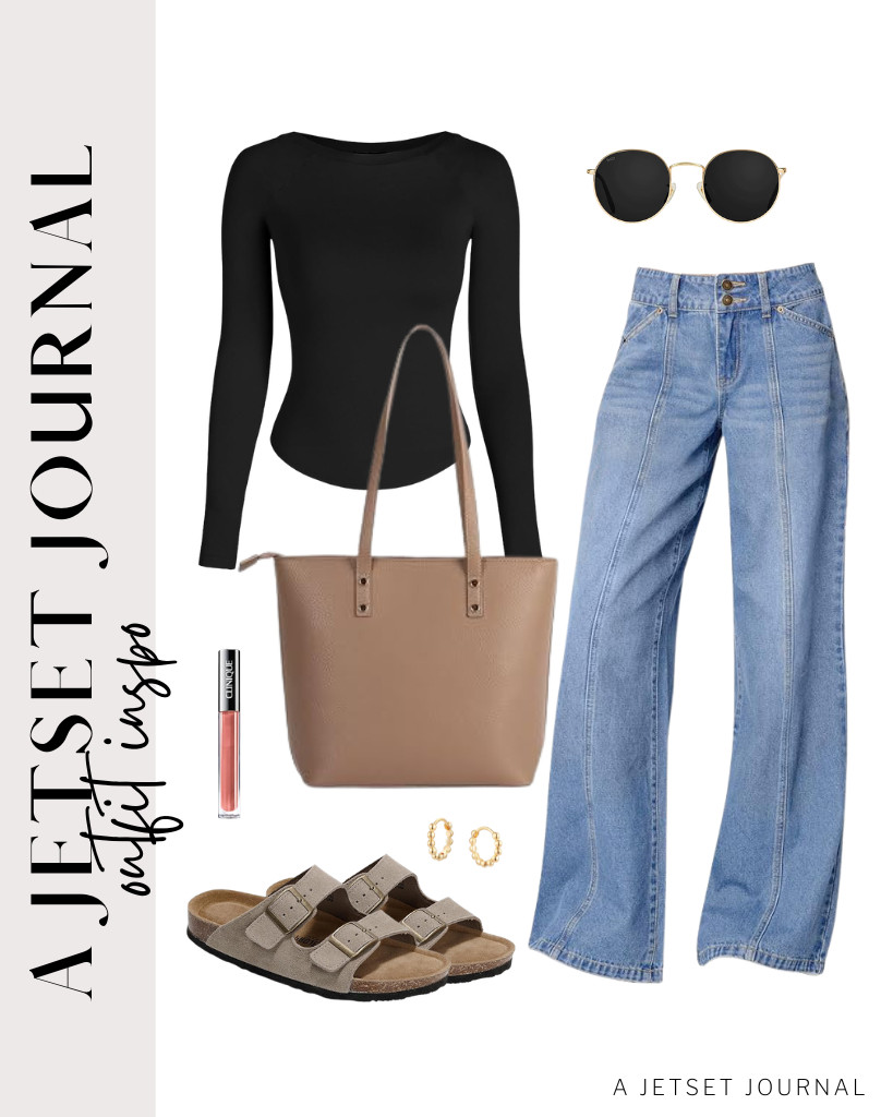 GEMBERA’s black long-sleeve tee and relaxed jeans are a perfect combination to wear for quick road trips. I chose WearMe Pro’s trendy sunnies to add a modern, playful twist and a medium tote bag for your traveling essentials. Step into these flat leather sandals, wear a pair of gold hoop earrings, and you’re ready to go.

#LTKSeasonal #LTKSaleAlert #LTKTravel 

 