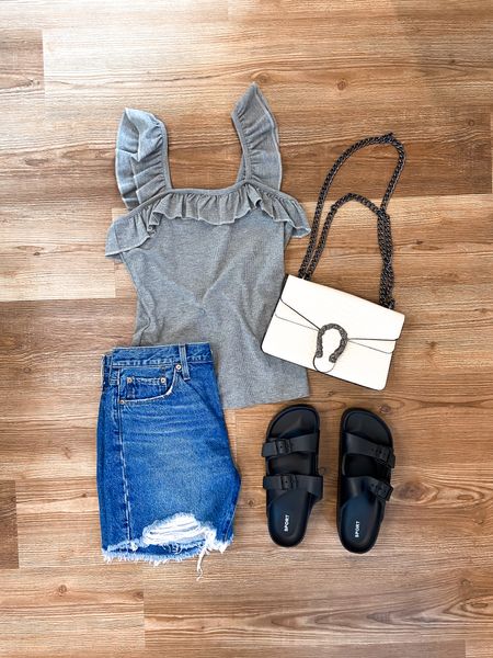 Casual summer outfit! Gray tank top and shorts outfit. Affordable designer look for less bag.

#LTKitbag #LTKfindsunder50 #LTKstyletip