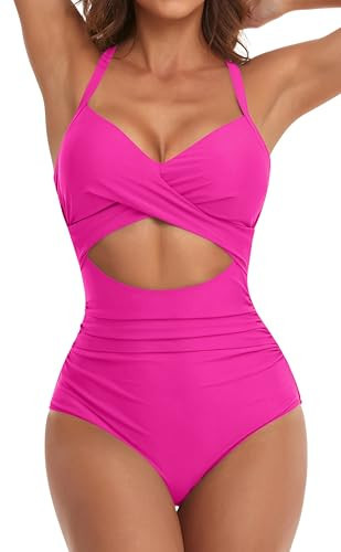 Eomenie Women's One Piece Swimsuits Tummy Control Cutout High Waisted Bathing Suit Wrap Tie Back 1 Piece Swimsuit Hot Pink | Amazon (US)