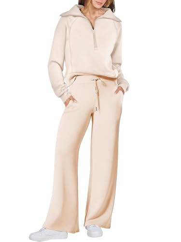 ANRABESS Women’s 2 Piece Outfits Half Zip Sweatshirt & Wide Leg Pants Airport Travel Lounge Matching Sets Sweatsuits Clothing Apricot XX-Large | Amazon (US)