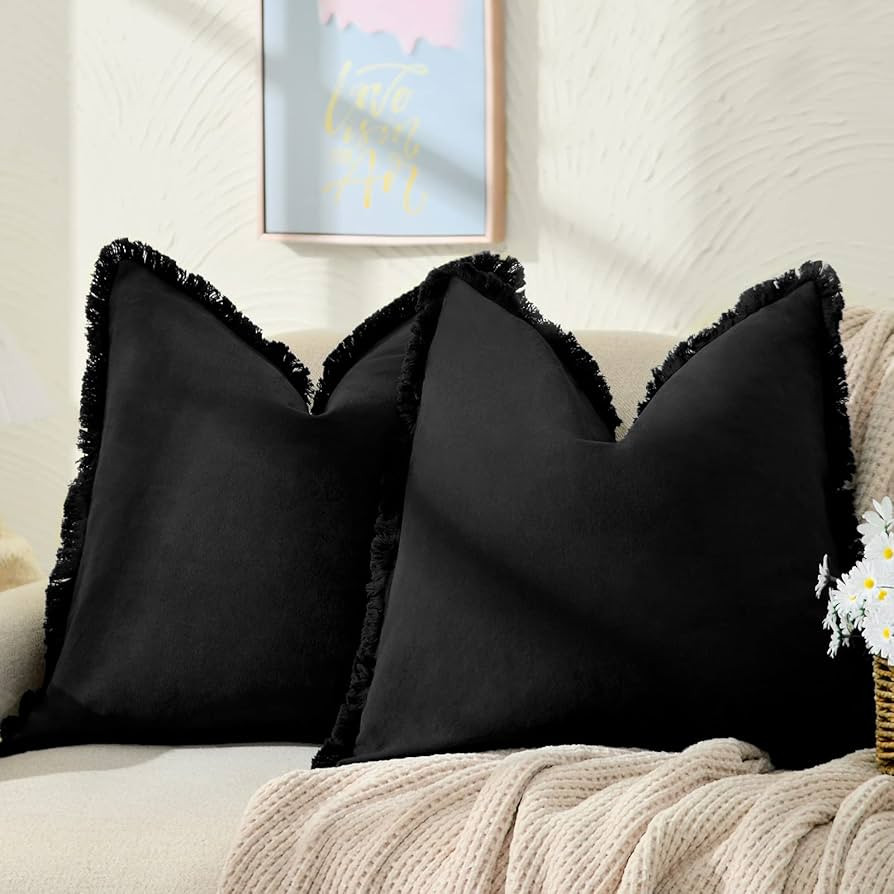 ZWJD Pillow Covers 18x18 Set of 2 Black Throw Pillow Covers with Fringe Chic Cotton Decorative Pi... | Amazon (US)