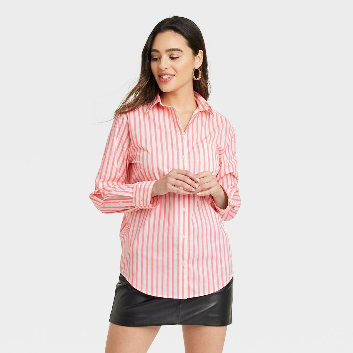 Women's Slim Fit Boyfriend Tailored Long Sleeve Button-Down Shirt - A New Day™ Pink/White Strip... | Target
