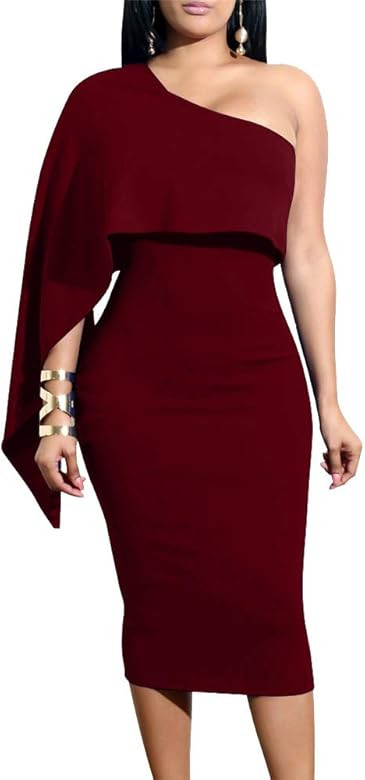 Women's Summer Sexy One Shoulder Ruffle Bodycon Midi Cocktail Dress | Amazon (US)