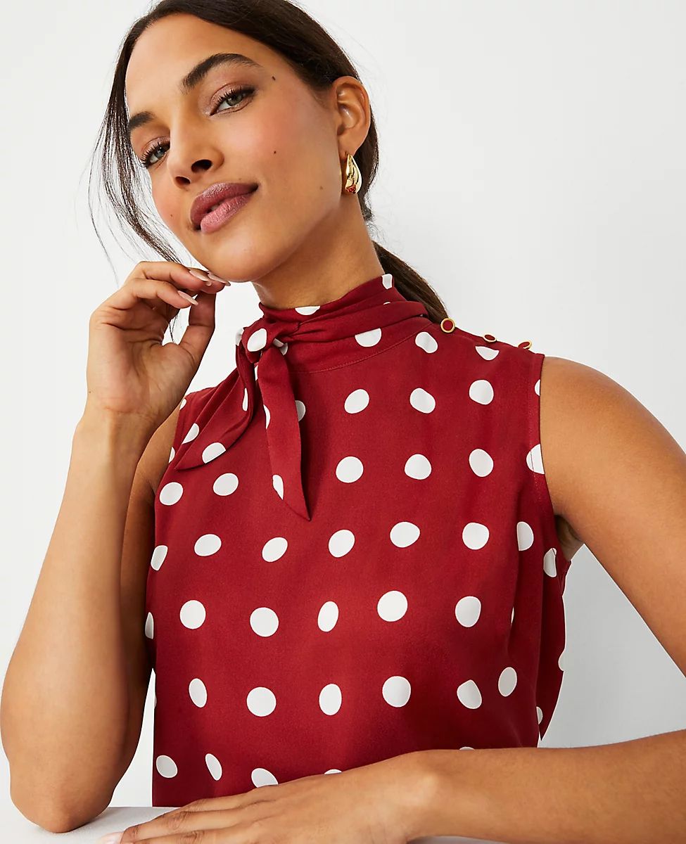 Dotted Shoulder Button Tie Mock Neck Shell | Ann Taylor (US)