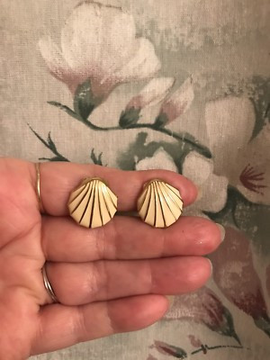 Vintage Sm. Monet Ivory & Y. Goldtone Trimmed Seashell Earrings-Stamped, Clip On | eBay US