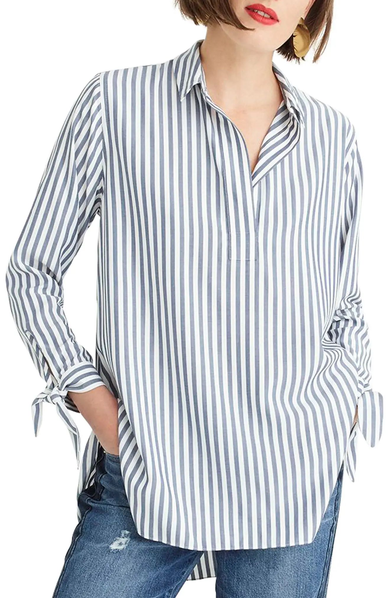 J.Crew Collared Tie-Sleeve Popover Stripe Shirt (Regular & Plus Size) | Nordstrom