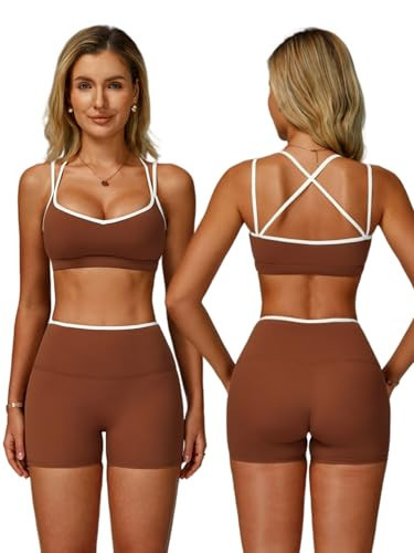 ABOCIW Womens Workout Sets Color Block Strappy Sports Bra High Waist Shorts Gym Set 2 Piece Yoga Pilates Outfits Athletic Work Out Clothes Brown X-Small | Amazon (US)