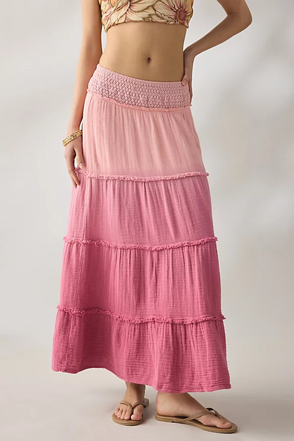 Kimchi Blue On My Mind Smocked Waist Tiered Maxi Skirt in Faded Pink, Women's at Urban Outfitters | Urban Outfitters (US and RoW)