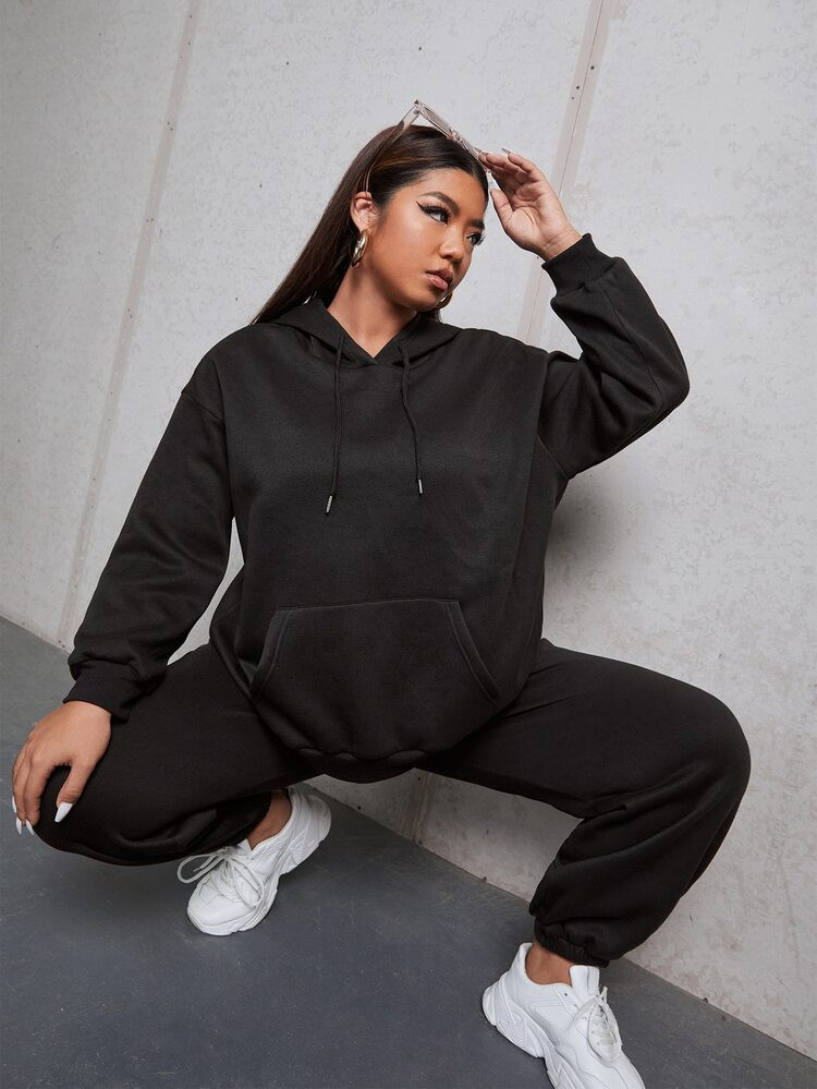 Plus Drop Shoulder Kangaroo Pocket Drawstring Hoodie & Sweatpants | SHEIN