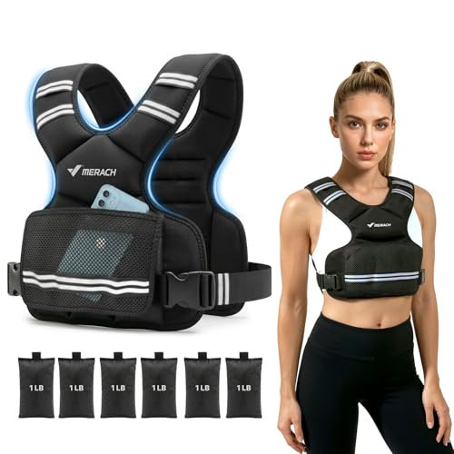 MERACH Adjustable Weighted Vest for Women, 4-10lbs Weight Vest with Front Phone Pockets & Iron Sand Bags, Rucking Vest with Reflective Strip for Strength Training, Walking, Running, Cardio, Home Workout (Black) | Amazon (US)