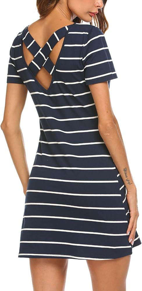 Feager Women's Casual Striped Criss Cross Short Sleeve T Shirt Dress with Pockets | Amazon (US)