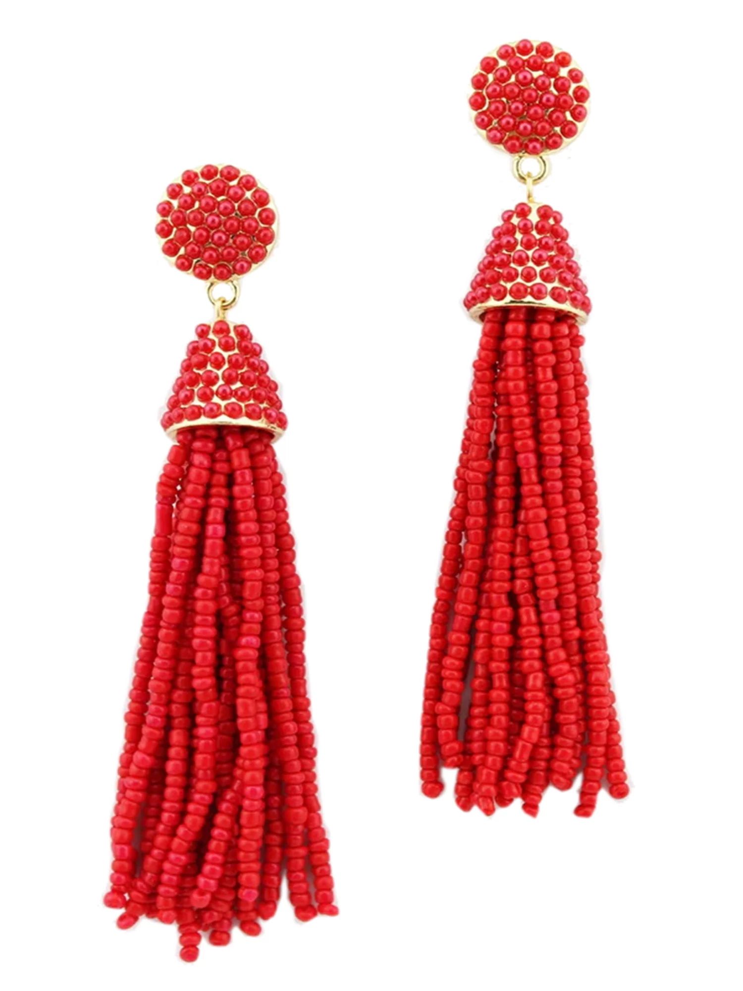 Women Fashion Handmade Hand Beaded Tassels Long Earrings (Red) - Walmart.com | Walmart (US)