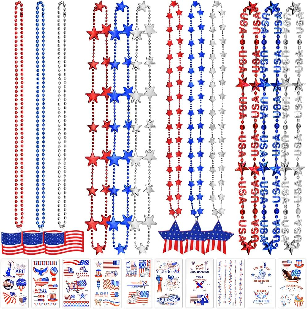 12 Pcs 4th of July Party Favors Set, Red White Blue Beads Necklace with American Flag and Stars f... | Amazon (US)