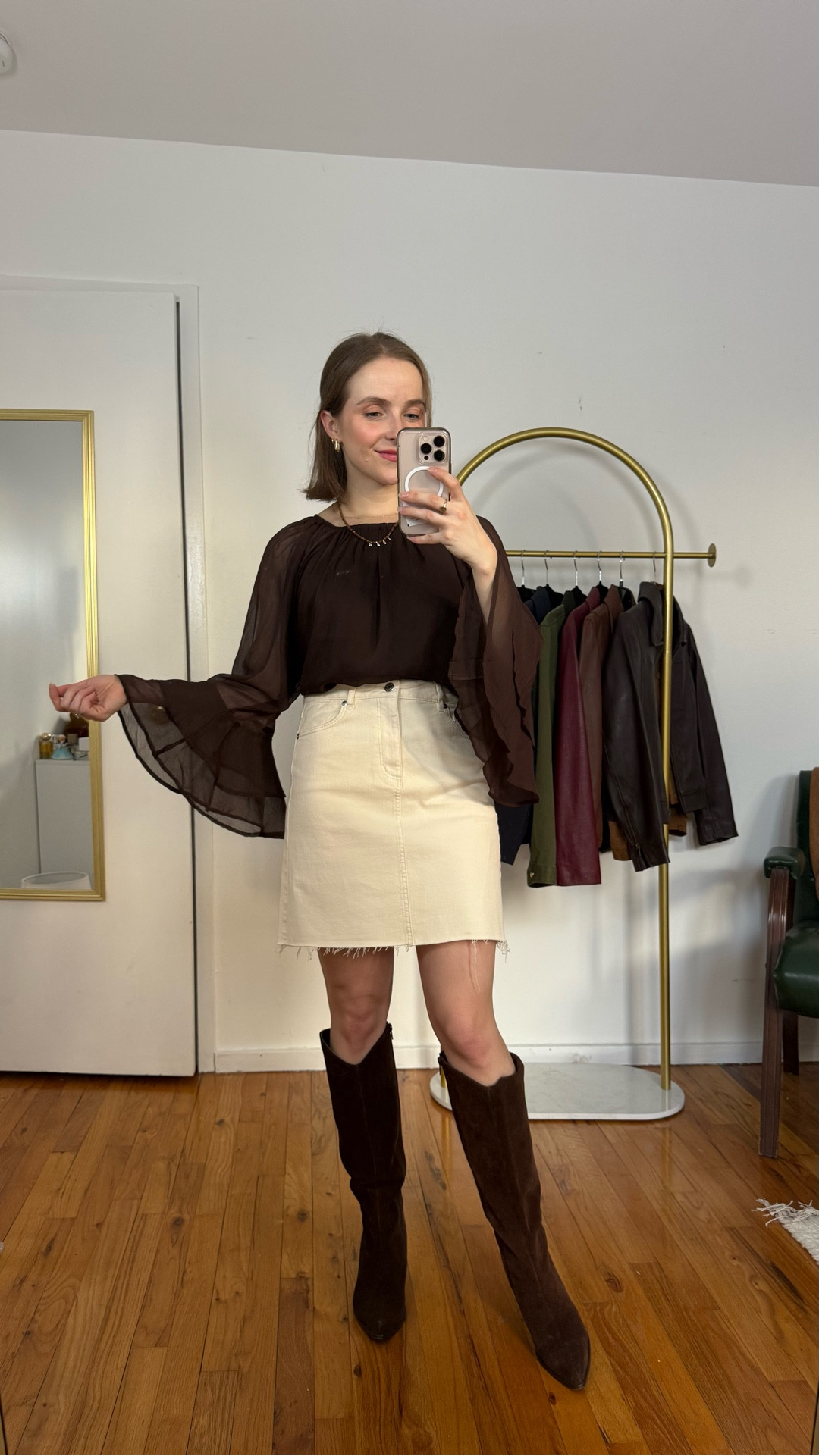 $18 ruffle sleeve blouse xs petite
$18 denim mini skirt 0 petite 
10k step tested boots 


#LTKFindsUnder50 #LTKSaleAlert #LTKPetite