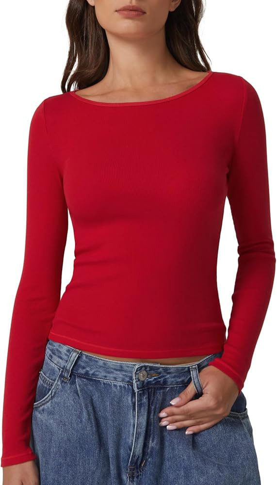 QINSEN Women's Long Sleeve T Shirts Crewneck Tight Fitted Rib Knit Y2k Casual Tee Tops | Amazon (US)