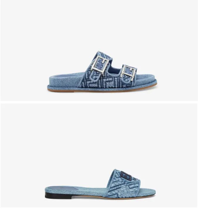 New Double Strap Flat Sandals with F Decorative Buckle and Antique Blue Denim Material embellishm... | DHGate