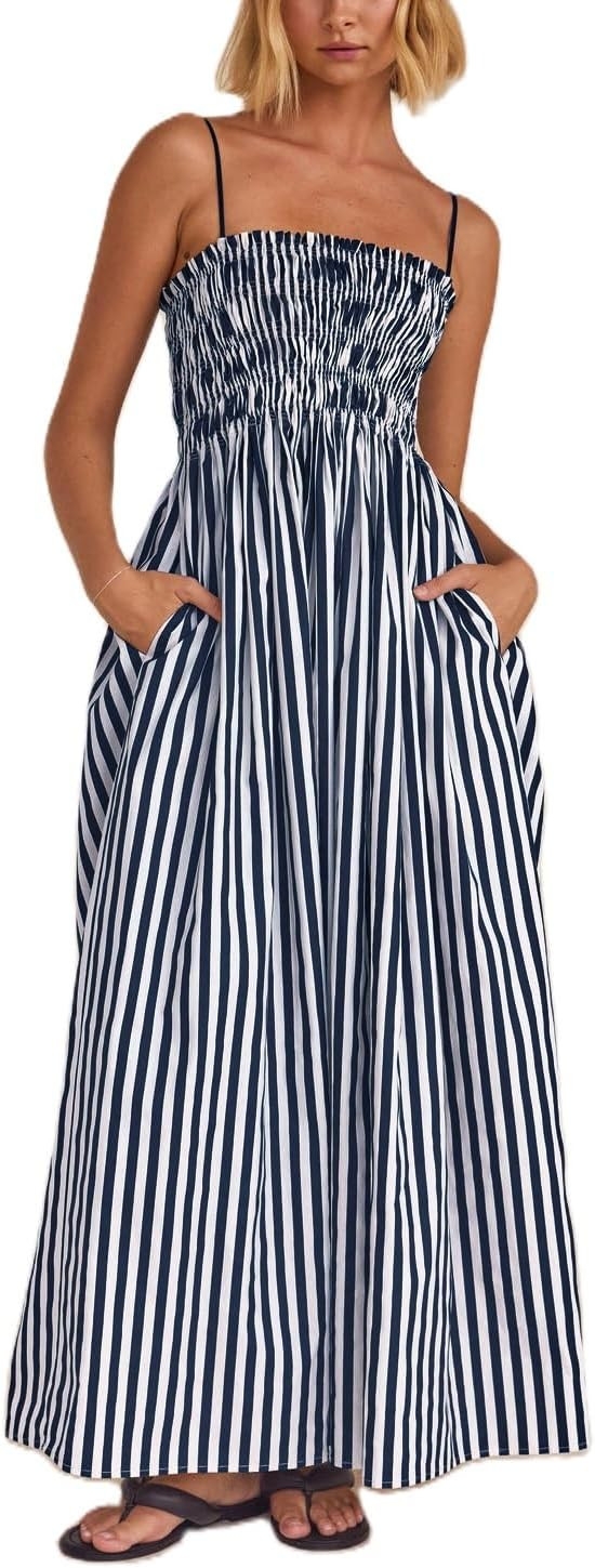 NUFIWI Women Summer Boho Striped Maxi Dress Spaghetti Strap Smocked Flowy Long Dress Ruffle Swing... | Amazon (US)