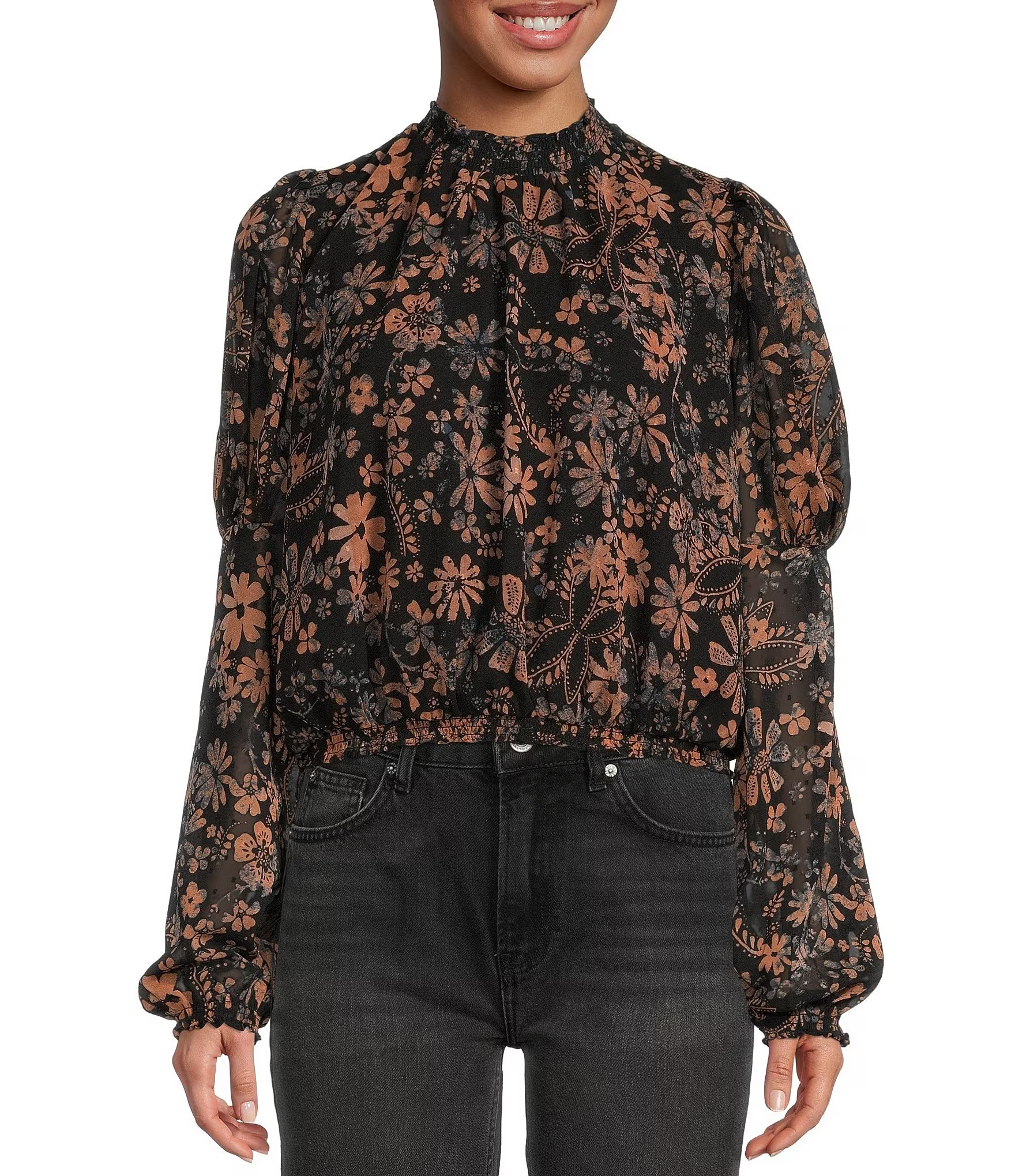 Free People Clarissa Floral Print High Mock Neck Long Puff Smocked Cuff Sleeve Top | Dillard's | Dillard's