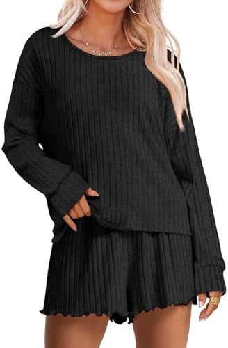 ANRABESS Women's 2 Piece Lounge Pajama Sets Casual Ribbed Long Sleeve Top Matching Shorts Sleepwe... | Amazon (US)