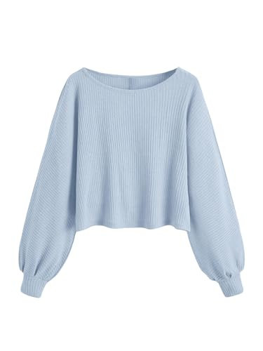 SweatyRocks Women's Casual Crewneck Raglan Long Sleeve Ribbed Knit Crop Top Cropped Sweater Blue Small | Amazon (US)