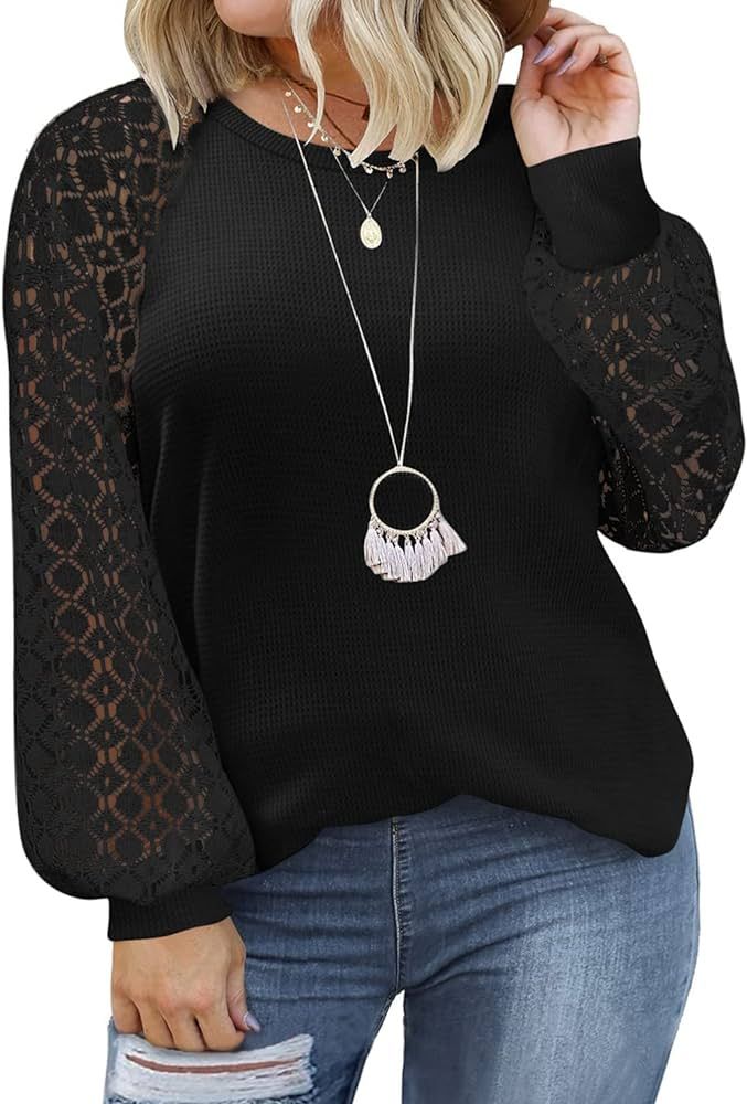 Eytino Womens Plus Size Tops Lace Short Long Sleeve V/Crew Neck Casual Loose Blouses T Shirts(1X-... | Amazon (US)