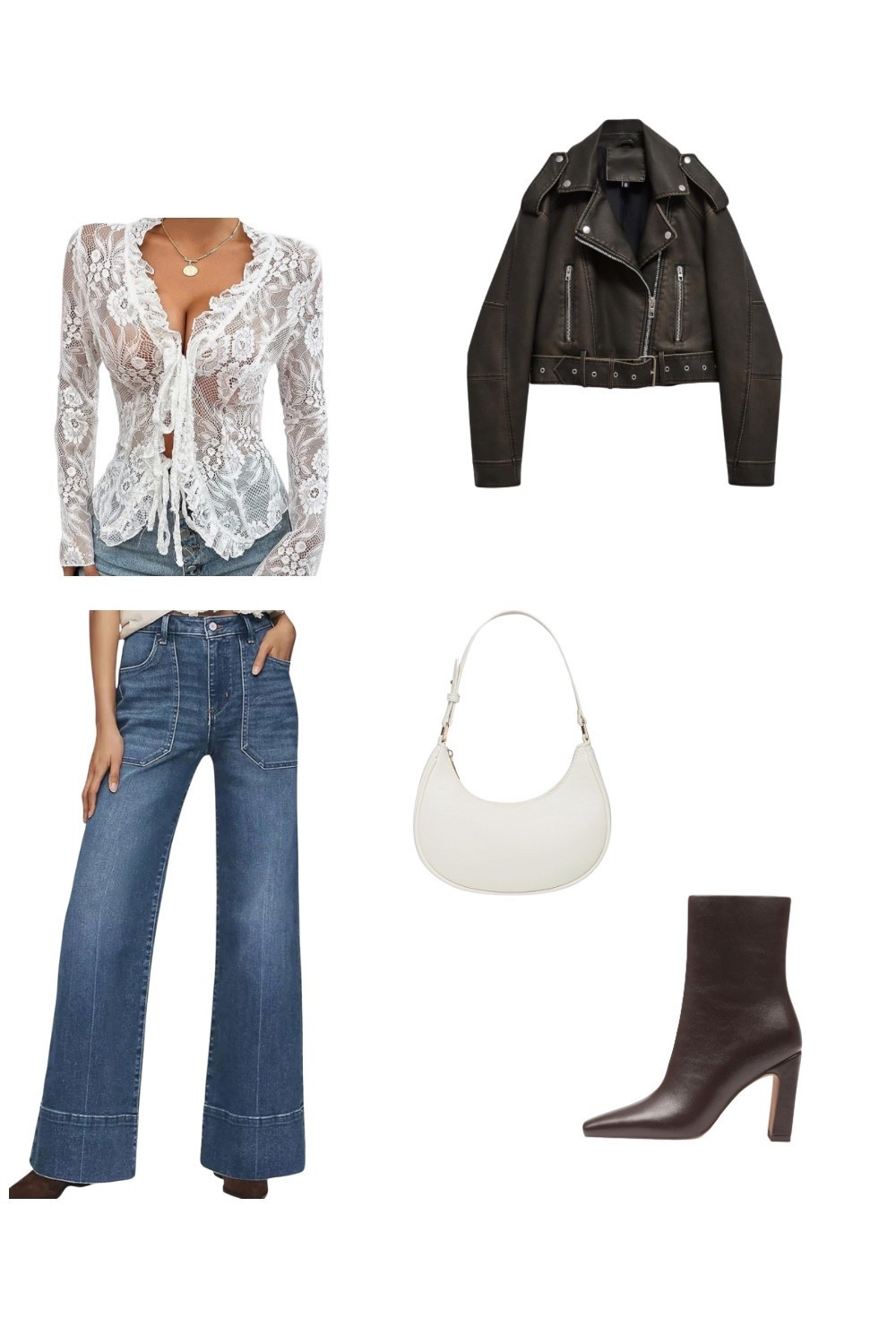 Thanksgiving

A statement-making balance of romantic and rebellious. The sheer lace blouse brings delicate femininity, offset by the cropped leather biker jacket and sleek dark booties. High-waisted wide-leg denim elongates the silhouette, while a clean white shoulder bag ties the look together with understated polish. Effortless confidence meets vintage flair

#LTKHoliday #LTKStyleTip #LTKSeasonal
