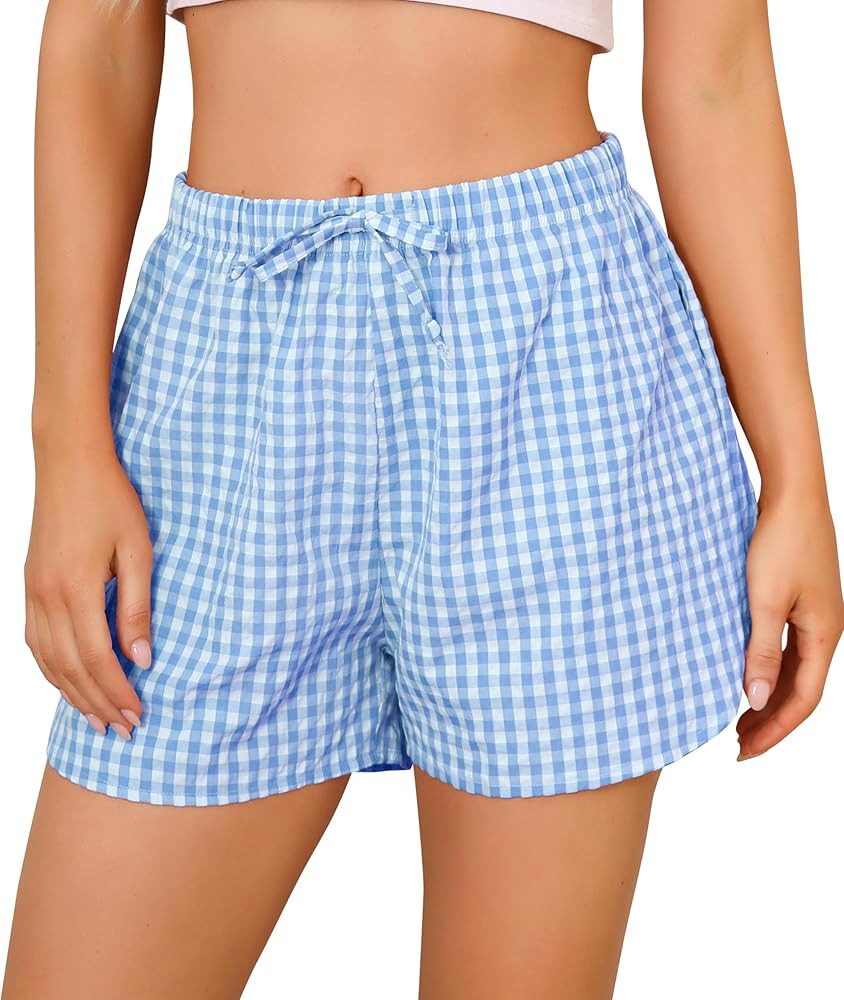 Vlazom Women's Sleep Shorts Cute Plaid Pajamas Shorts Soft Elastic Pajama Bottoms Boxer Shorts Sl... | Amazon (US)