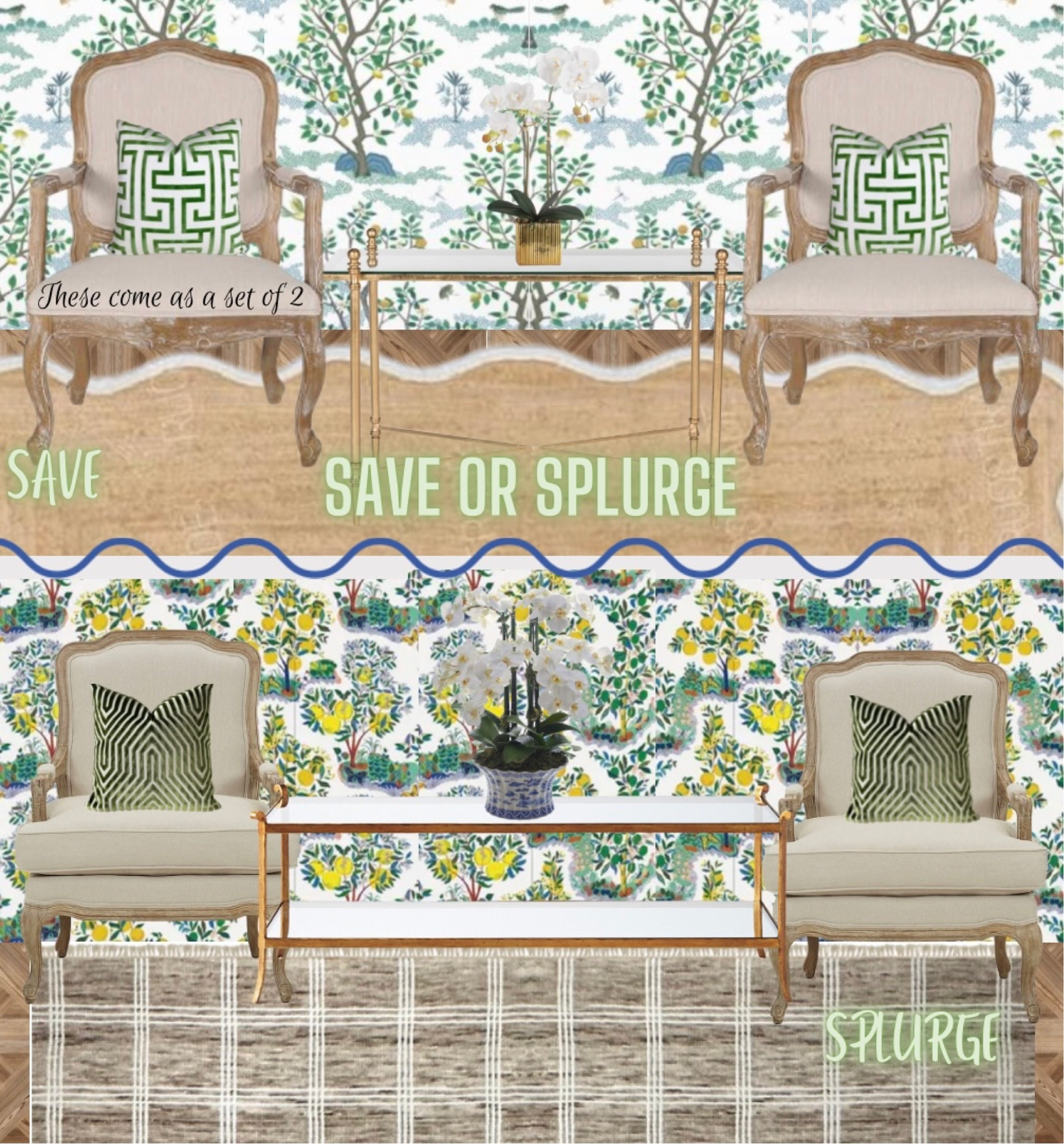 Budget // luxury // wallpaper // French country // faux orchid // throw pillows // Greek key // coffee table // jute rug // blue and white // grandmillennial // traditional home // green and white

#LTKhome #LTKsalealert