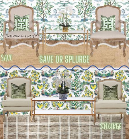 Budget // luxury // wallpaper // French country // faux orchid // throw pillows // Greek key // coffee table // jute rug // blue and white // grandmillennial // traditional home // green and white

#LTKhome #LTKsalealert