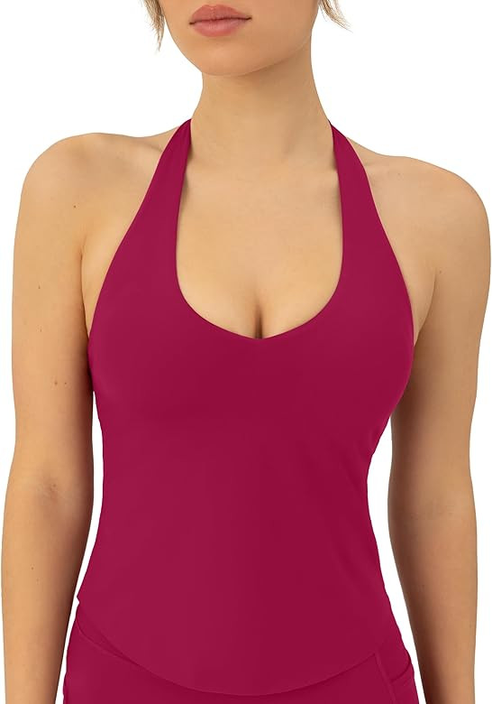 PAVOI ACTIVE Workout Halter Tops for Women Built in Bra - Low Support V Neck Backless Sports Tank... | Amazon (US)
