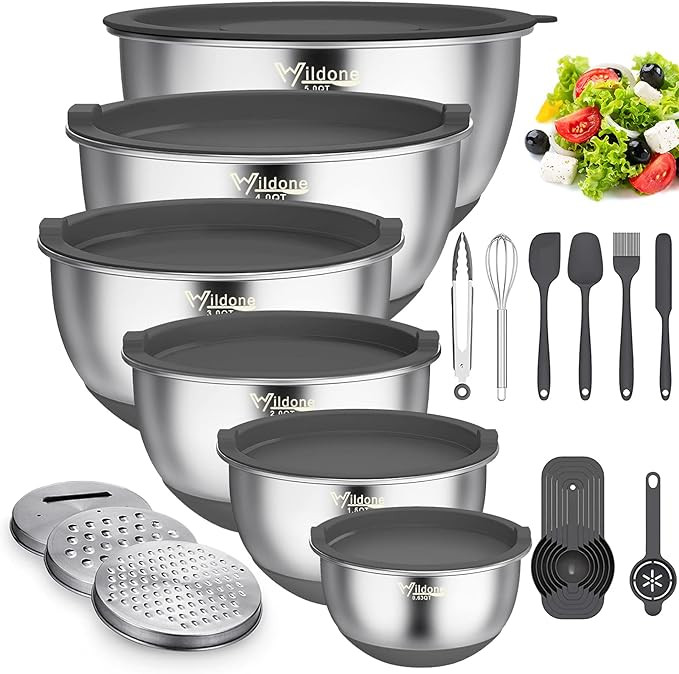 Wildone Mixing Bowls with Airtight Lids, 22 PCS Stainless Steel Mixing Bowls Set, 3 Grater Attach... | Amazon (US)