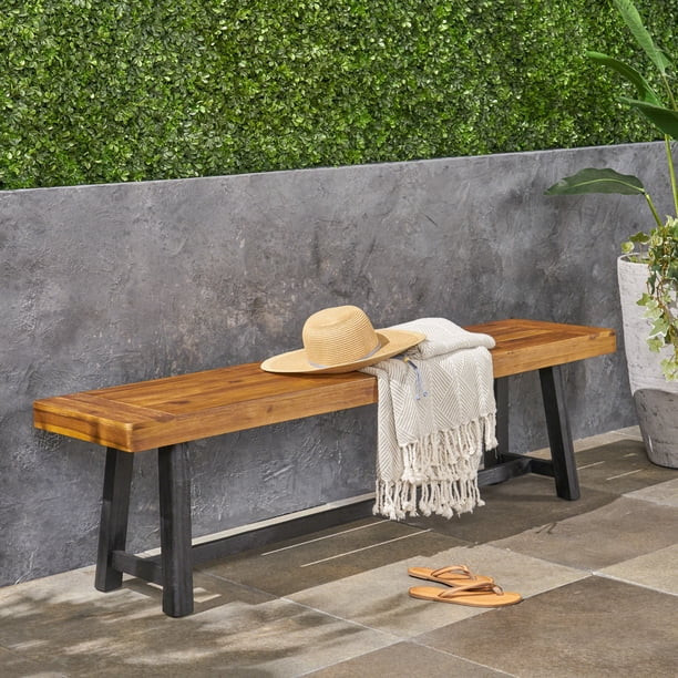 Luka Outdoor Acacia Wood Bench, Sandlblast Teak, Black | Walmart (US)