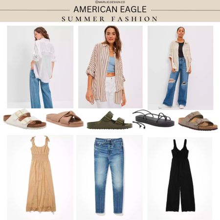 American Eagle Summer Fashion | vacation outfits | oversized blouse | oversized button down shirt | mom jeans | mid size fashion | mid size summer outfits | romper | mom jeans | summer dress | sandals | lace up sandals | Birkenstocks | slides | midi dress | sleeveless dress | tie strap dress 

#LTKcurves #LTKunder100 #LTKunder50