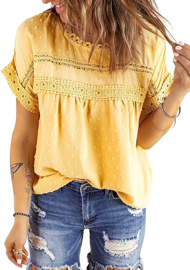 Dokotoo Womens Summer Tops Crewneck Lace Crochet Short Sleeve Shirts Casual Chiffon Blouses | Amazon (US)