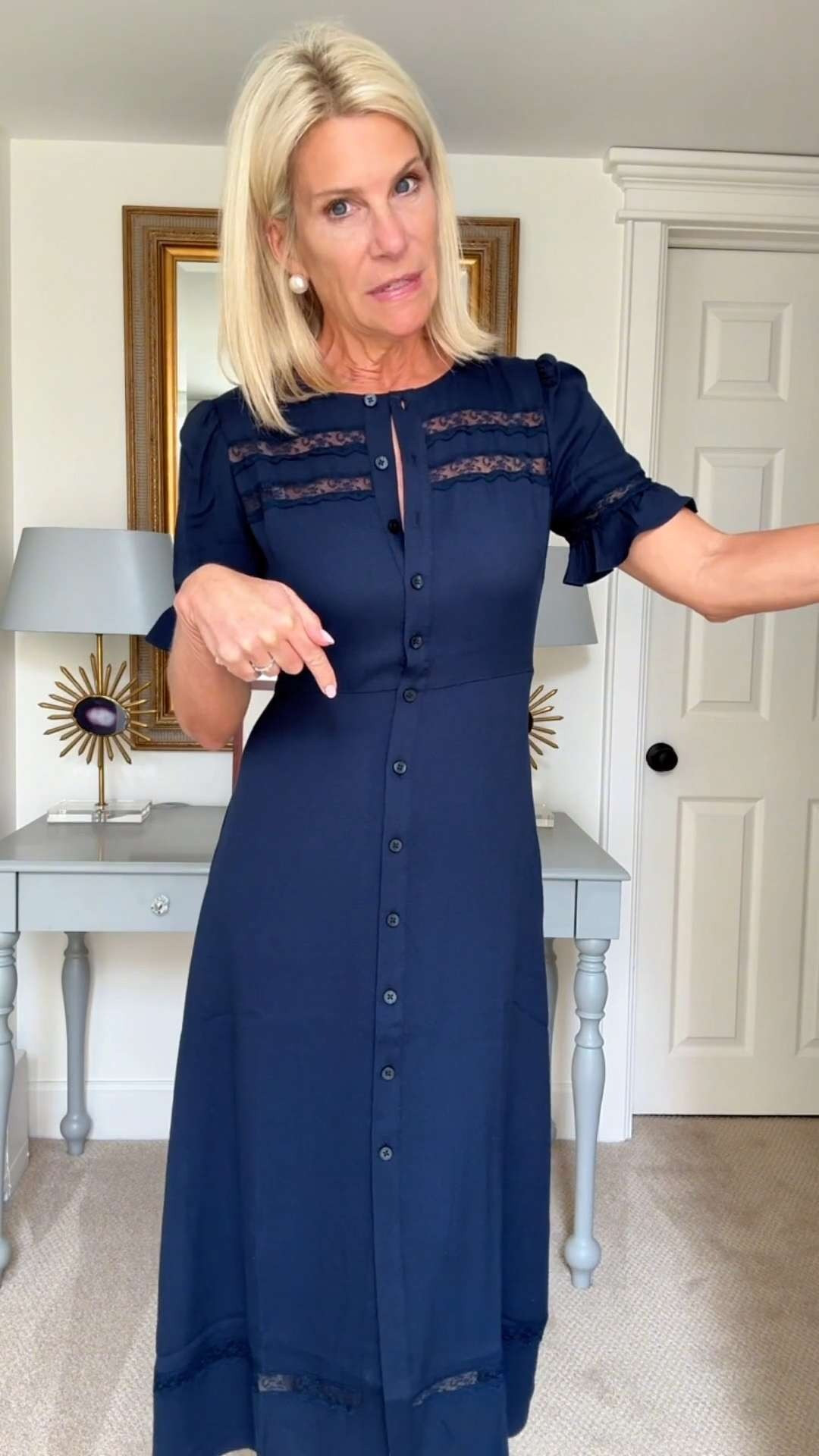 Elegant Navy Midi Dress with Lace Detail. 

 #LTKootd #LTKSeasonal #LTKOver40