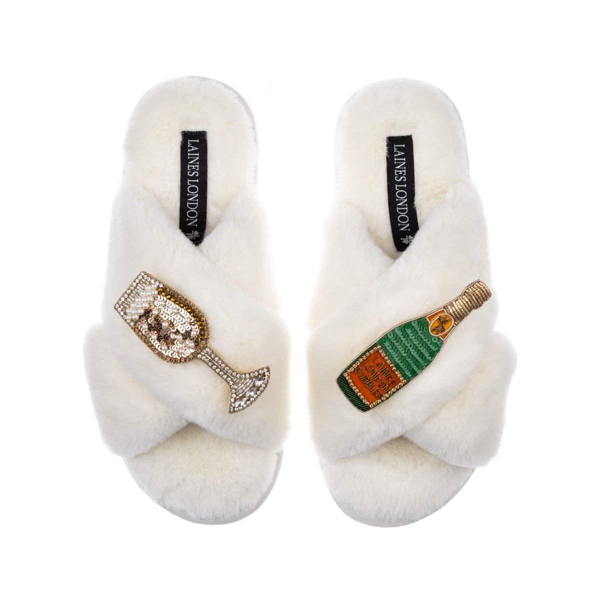 Classic Laines Slippers With Laines Champers & Glass Brooches - Cream | Wolf & Badger (US)